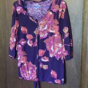 Sonoma Purple and Orange 3/4 Sleeve Tie Front Blouse